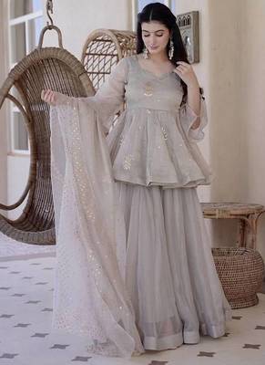 Glowing grey tabby silk foil work salwar suit 2