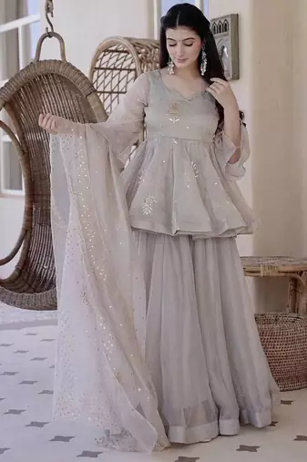 Glowing grey tabby silk foil work salwar suit