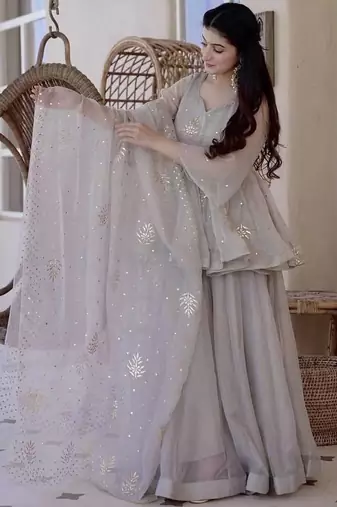 Glowing grey tabby silk foil work salwar suit