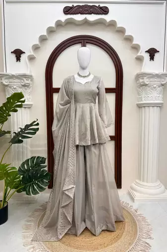 Glowing grey tabby silk foil work salwar suit