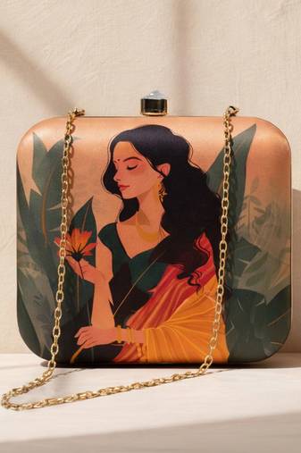 Beige based indian woman in yellow saree printed clutch bag for women with detachable strap