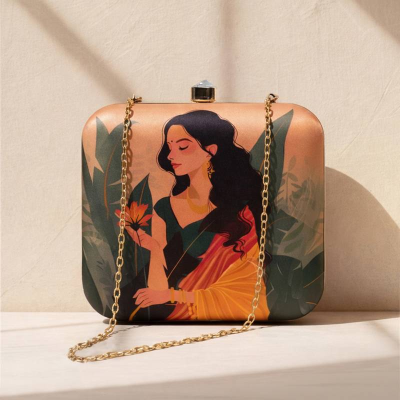Beige based indian woman in yellow saree printed clutch bag for women with detachable strap