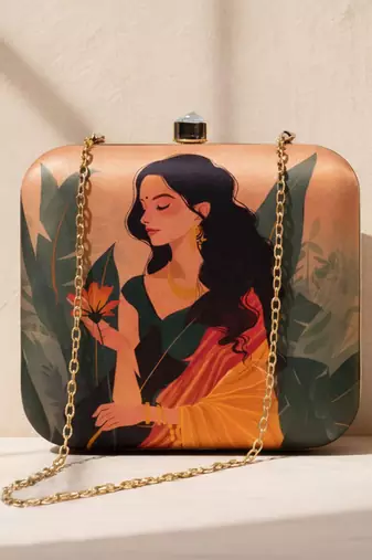 Beige based indian woman in yellow saree printed clutch bag for women with detachable strap