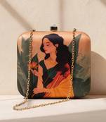 Beige based indian woman in yellow saree printed clutch bag for women with detachable strap