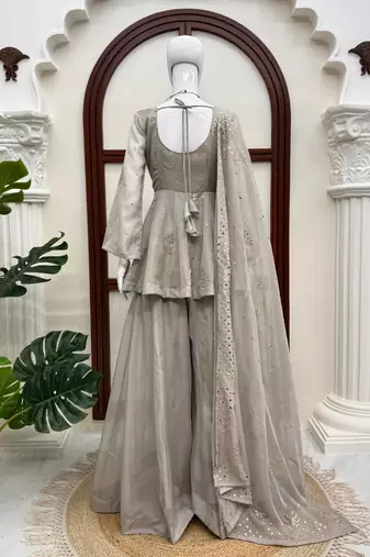Glowing grey tabby silk foil work salwar suit