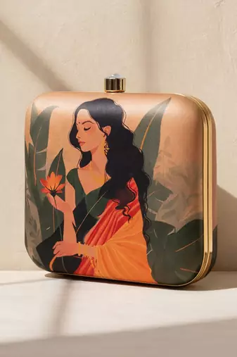 Beige based indian woman in yellow saree printed clutch bag for women with detachable strap