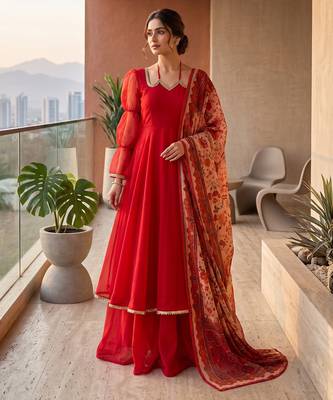 Red tabby silk mirror lace anarkali suit 1