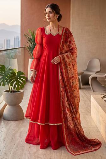 Red tabby silk mirror lace anarkali suit