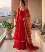 Red tabby silk mirror lace anarkali suit