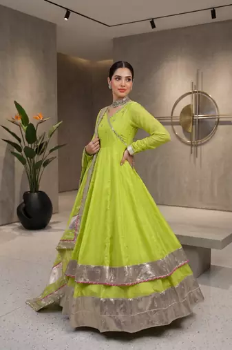 Fancy parrot green tabby organza silk hand work anarkali suit