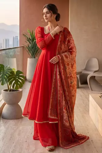 Red tabby silk mirror lace anarkali suit
