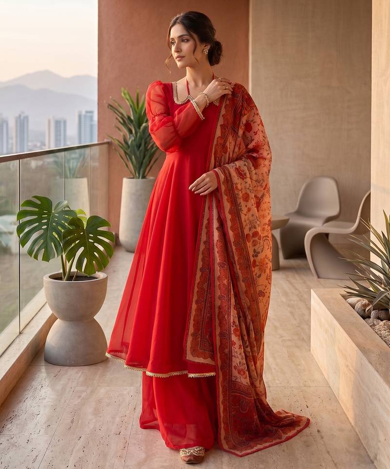 Red tabby silk mirror lace anarkali suit