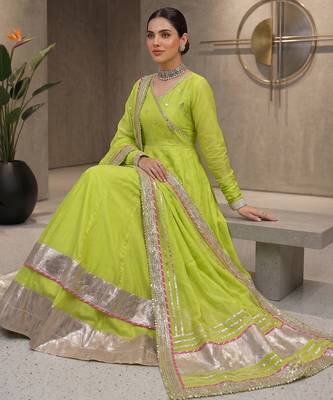 Fancy parrot green tabby organza silk hand work anarkali suit 3