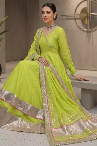Fancy parrot green tabby organza silk hand work anarkali suit