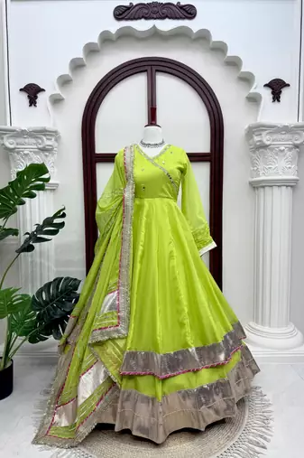 Fancy parrot green tabby organza silk hand work anarkali suit