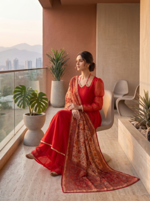 Red tabby silk mirror lace anarkali suit 3