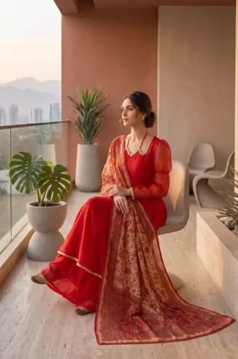 Red tabby silk mirror lace anarkali suit