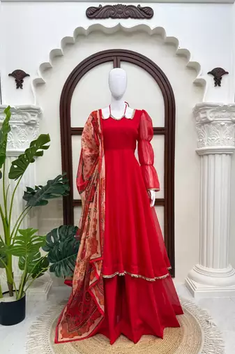Red tabby silk mirror lace anarkali suit