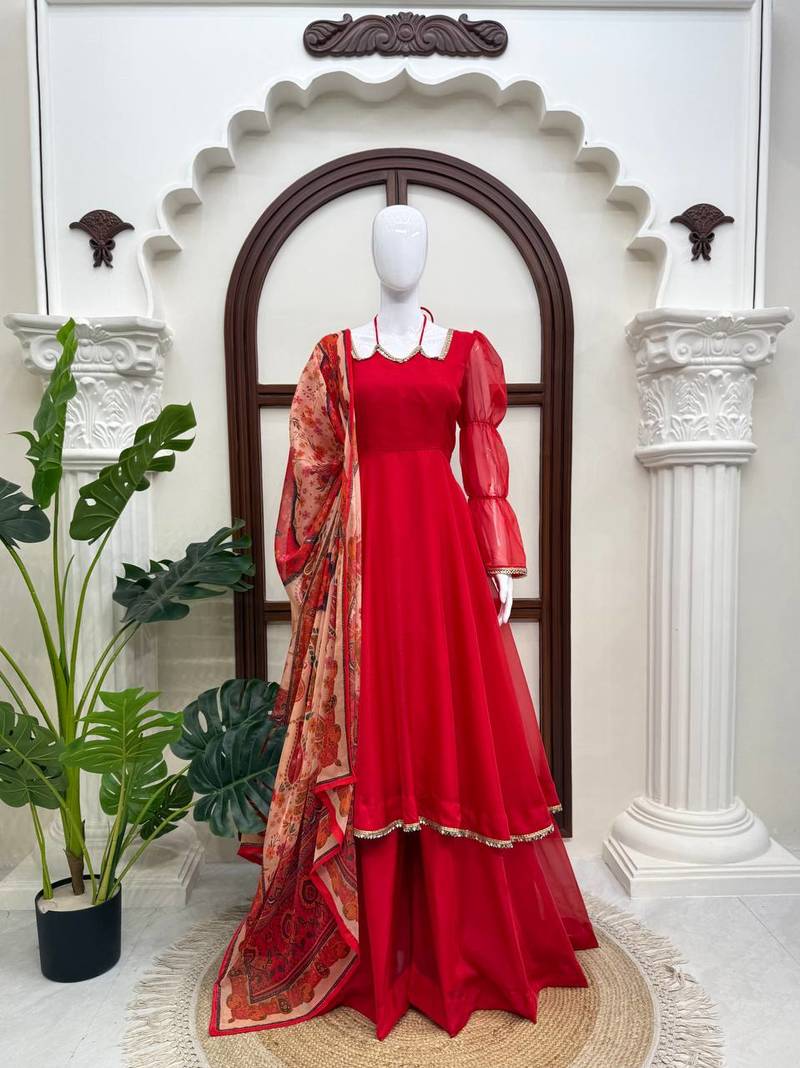 Red tabby silk mirror lace anarkali suit