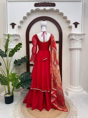 Red tabby silk mirror lace anarkali suit 5