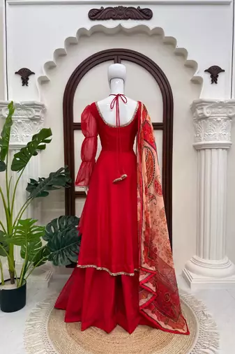 Red tabby silk mirror lace anarkali suit