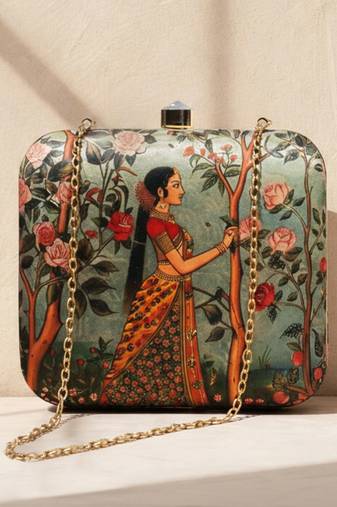 Floral printed box clutch bag for women with detachable strap
