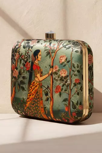Floral printed box clutch bag for women with detachable strap