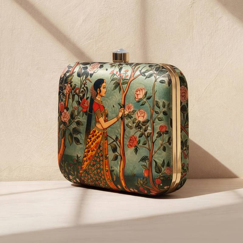 Floral printed box clutch bag for women with detachable strap