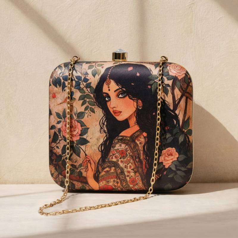 Princess printed box clutchbag for women with detachable strap