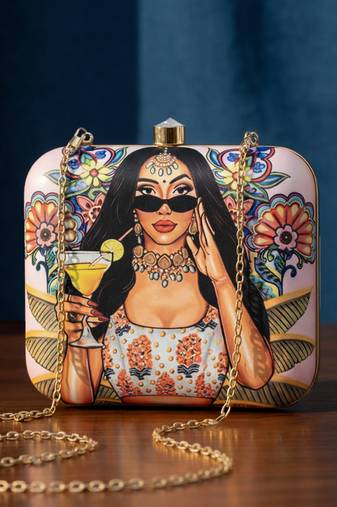 Printed box clutchesbag for women with detachable strap