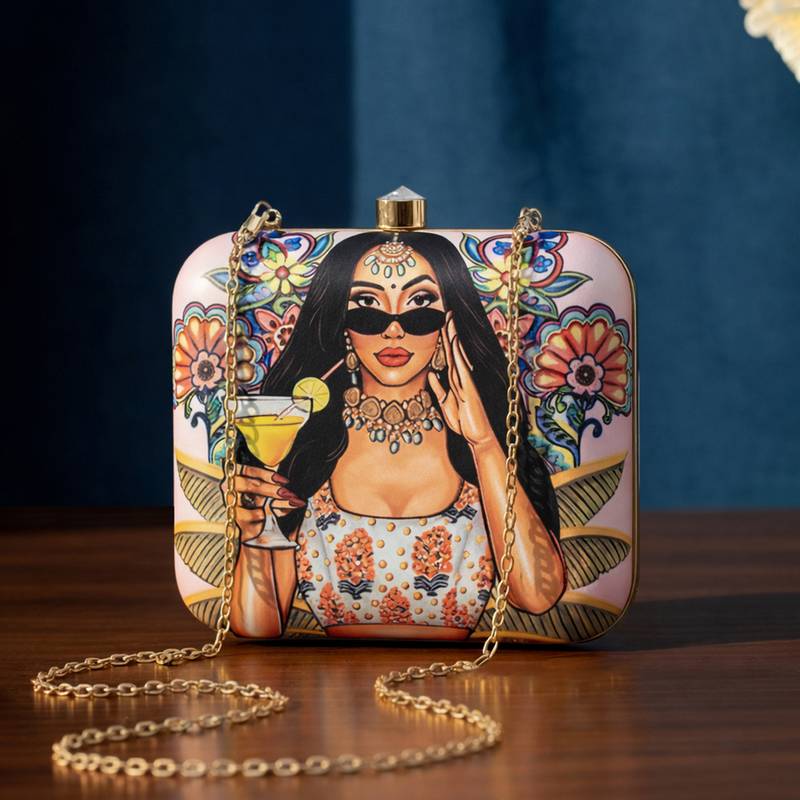Printed box clutchesbag for women with detachable strap
