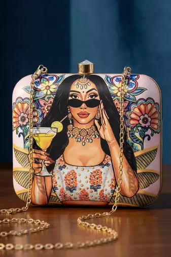 Printed box clutchesbag for women with detachable strap