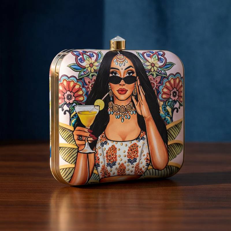 Printed box clutchesbag for women with detachable strap