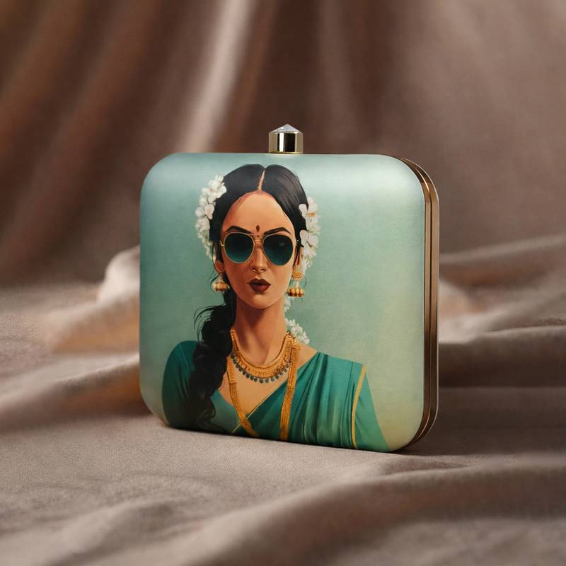 Printed box clutch bag for women with detachable strap
