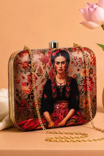 Printed box clutch bag for women with detachable strap