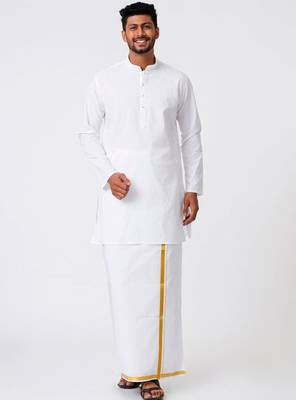 Mandarin collar pure cotton straight kurta with golden zari dhoti 1