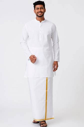 Mandarin collar pure cotton straight kurta with golden zari dhoti