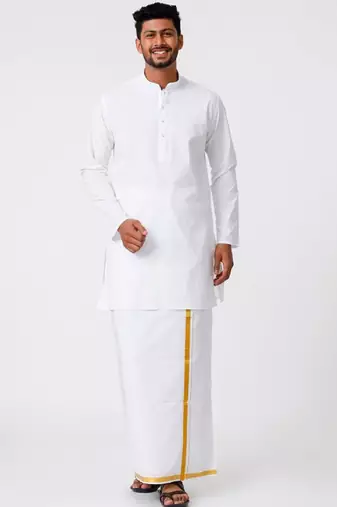 Mandarin collar pure cotton straight kurta with golden zari dhoti