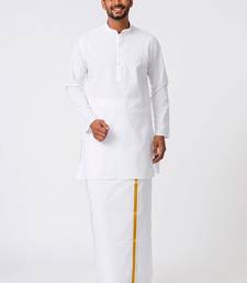 Mandarin collar pure cotton straight kurta with golden zari dhoti