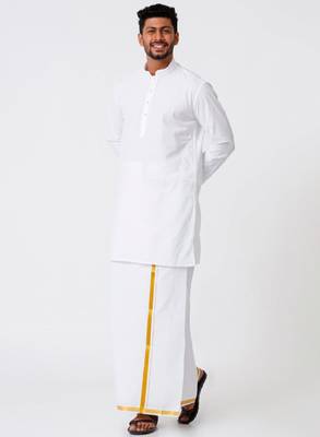 Mandarin collar pure cotton straight kurta with golden zari dhoti 4