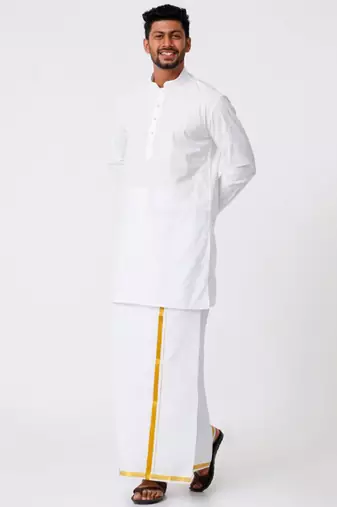 Mandarin collar pure cotton straight kurta with golden zari dhoti
