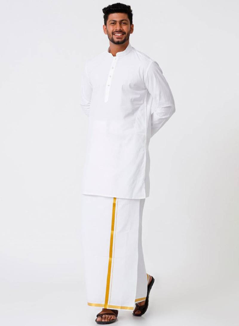 Mandarin collar pure cotton straight kurta with golden zari dhoti