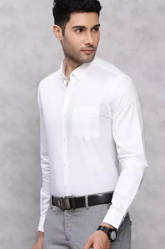 Men classic spread collar solid cotton formal shirt