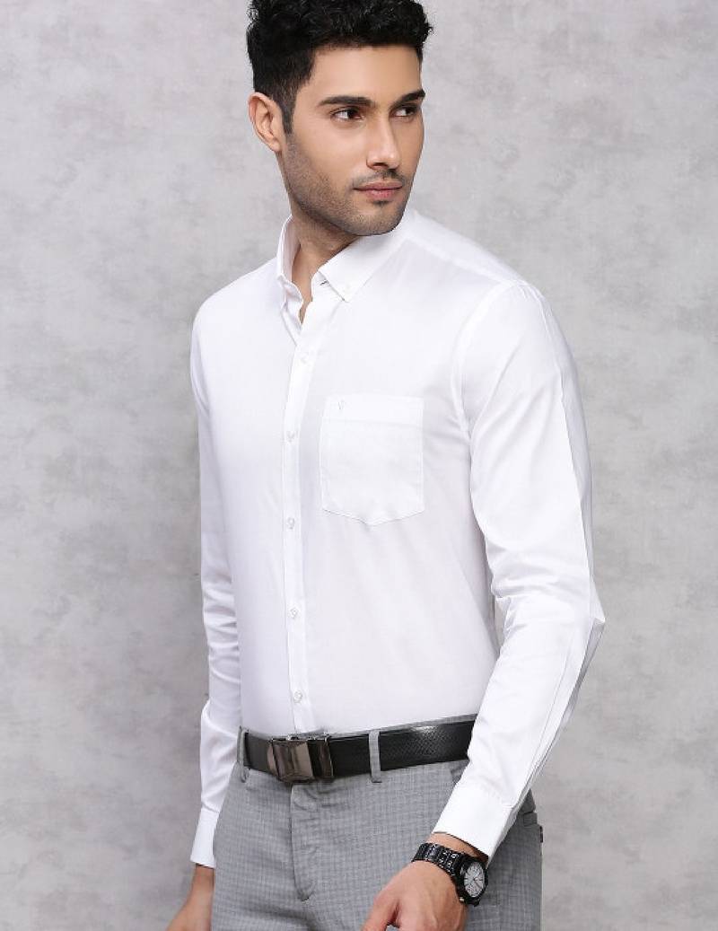 Men classic spread collar solid cotton formal shirt