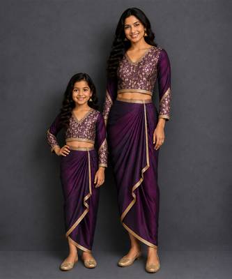 Deep purple embroidered silk draped skirt set 1