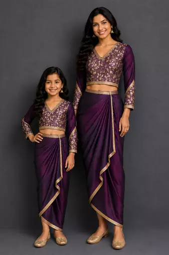 Deep purple embroidered silk draped skirt set