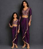 Deep purple embroidered silk draped skirt set