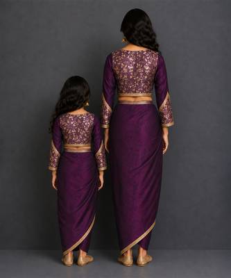 Deep purple embroidered silk draped skirt set 2