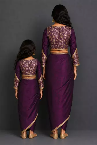 Deep purple embroidered silk draped skirt set