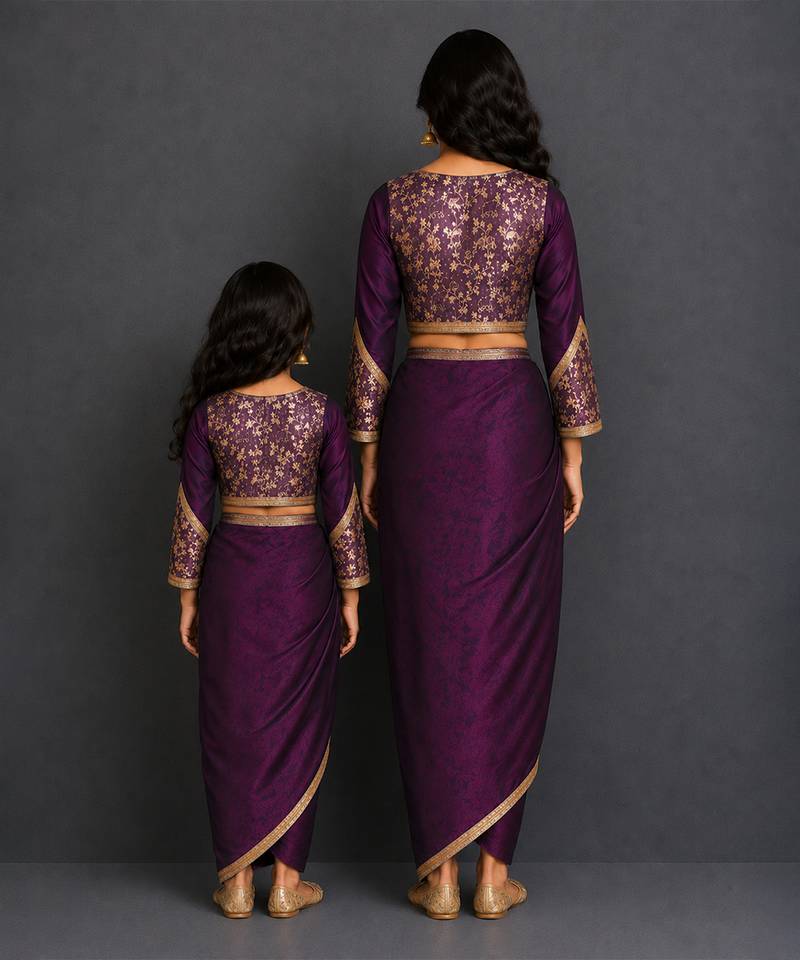 Deep purple embroidered silk draped skirt set
